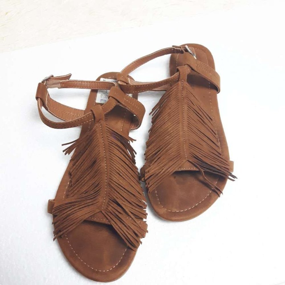 Brown Boho Fringe Flats Sandal Shoes Size 6.5